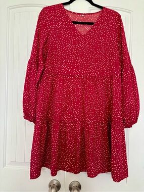 Amazon Essentials Red V-Neck Long Sleeve Polka Dot Dress